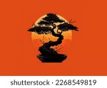Japanese Bonsai tree silhouette against a warm orange and yellow setting sun. 3D Illustration. 