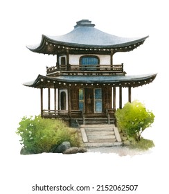 A Japanese Building (house) Hand Drawn In Watercolor Isolated On A White Background. Watercolor Illustration.	
