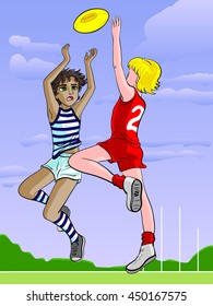 Japanese Cartoon Style Drawn Raster Illustration Of Two Sporty Boys Playing Australian Rules Football. Australia, Aussie, Footy