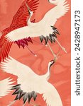 Japanese Cranes. White and red cranes flying over a vibrant and warm background in shades of red and peach. An exquisite composition in the Japanese style.