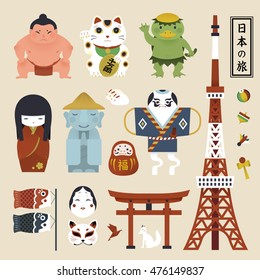 Japanese Culture Symbol Collection, Japan Travel In Japanese On The Upper Right