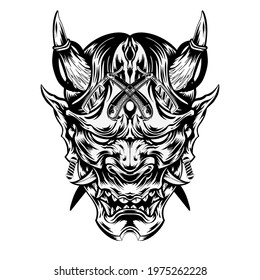 Japanese Demon Mask Linear Drawing Black Stock Illustration 1975262228 ...