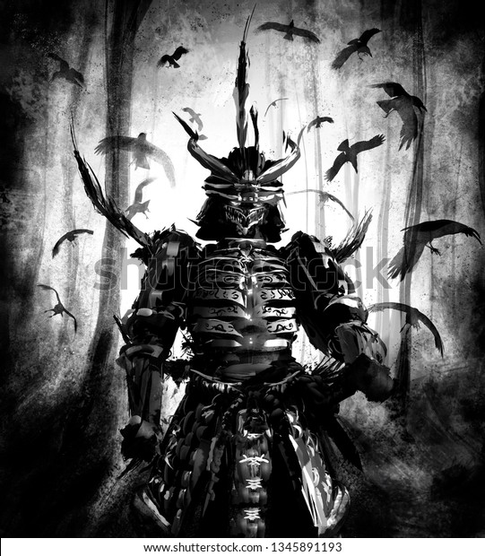 Japanese Demon Samurai Armor Standing Woods Stock Illustration 1345891193