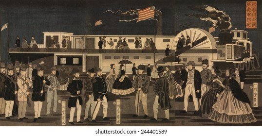 Japanese Depiction Of A Steamship In An American Port Shows A Crowded Pier With American Travelers. Japanese Triptych Woodcut By Maruya Jinpachi 1861.