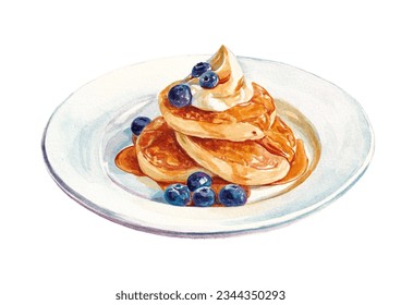 Japanese Fluffy Pancake Stack with Blueberry and Whipped Cream - High-Resolution Hand-Drawn Watercolor Illustration - Powered by Shutterstock