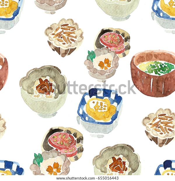 シームレスな模様の日本食 日本風水彩絵柄 白い背景に魚 トマト 豆腐 スープ 漬物野菜の小皿 のイラスト素材