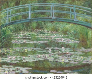 The Japanese Footbridge, by Claude Monet, 1899, French impressionist painting, oil on canvas. Floating lily pads and mirrored reflections assume equal importance, merging the solid objects and moment