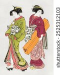 Japanese geisha (1739-1820) vintage woodblock print by Kitao Shigemasa. Ukiyo-e geisha Antique Japanese woodblock printing illustration, old geisha Ukiyo-e painting art print