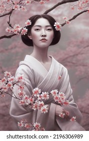 Japanese Geisha Portrait In Blossomed Cherries