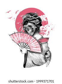 Japanese Geisha With Skull Head Hand Drawn Illustration 