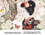 Japanese Geisha woman background, vintage illustration. Traditional Japanese Ukyio-e style illustration background. Vintage Japanese painting of Geisha, Old Japanese artwork illustration background.