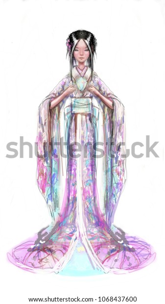 japanese girl kimono portrait anime stockillustration 1068437600