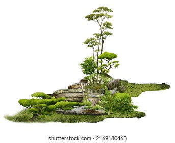 A Japanese landscape with a garden stone lantern, herbs, stones, green bushes, trees and a stone path hand drawn in watercolor on a white background. Watercolor illustration.	
