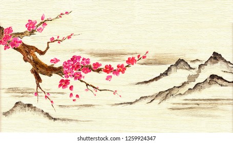 Japanese Landscape Mountains Flowering Branch Sakura Stock Illustration ...