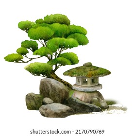 A Japanese landscape with a stone Japanese garden lantern , tree and stones hand drawn in watercolor on a white background. Watercolor illustration. Japanese garden view.	
