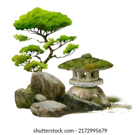 A Japanese landscape with a stone Japanese garden lantern , tree and stones hand drawn in watercolor on a white background. Watercolor illustration. Japanese garden view.