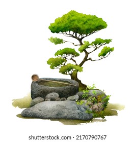 A Japanese landscape with a stone Japanese garden well, tree and stones hand drawn in watercolor on a white background. Watercolor illustration. Japanese garden view.