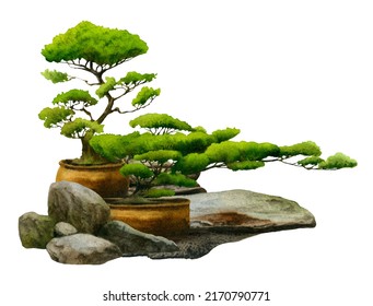 A Japanese landscape with stones and two bonsai trees in the pots hand drawn in watercolor on a white background. Watercolor illustration.	
