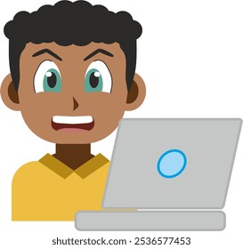 Japanese manga style illustration of a smiling young adult african american man front view using a computer laptop. Anime style image isolated on white background - Powered by Shutterstock