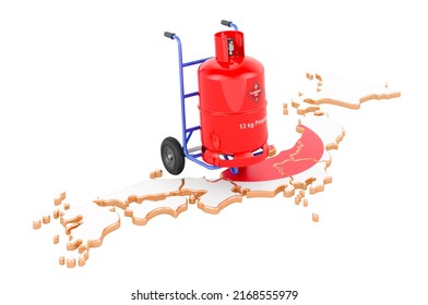 Japanese Map With Propane Gas Cylinder On Hand Truck. Gas Delivery Service In Japan, Concept. 3D Rendering Isolated On White Background