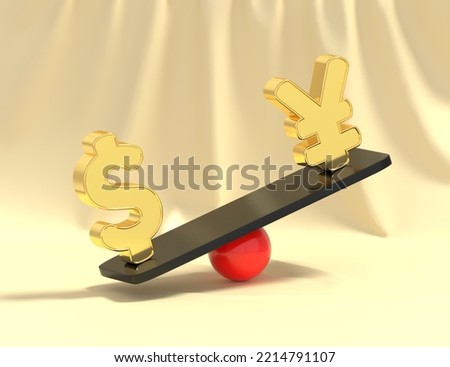Japanese monetary unit 'Yen' and 'dollar' on the scales 3D rendering in golden space with curtains. Concept of exchange rate comparison. 
