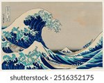 Japanese painting. Kanazawa Oki Nami Ura by Katsushika Hokusai (1760-1849) Japanese Ukyio illustration view of Mount Fuji. Vintage Japanese wave art drawing illustration, old painting art print.