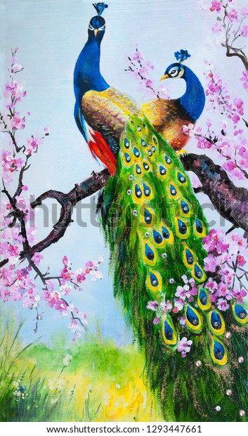 Japanese Peacocks Spring Blooming Cherry Orchard Stock Illustration ...