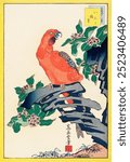 Japanese pink parrot (1859) vintage woodblock print by Nakayama Sugakudo. Vintage parrot bird art, bird drawing illustration, old bird parrot painting, bird art print.