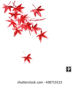 Japanese red maple leaves white background  Traditional Japanese ink painting sumi  e  Contains hieroglyph    happiness 