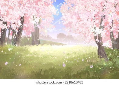 Japanese Sakura Tree Forest Anime 
 Background