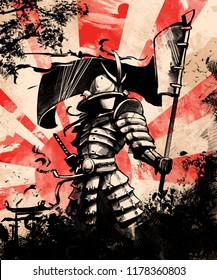 Japanese Samurai Soldier With Flag