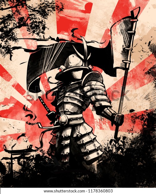 Ilustracion De Stock Sobre Soldado Samurai Japones Con Bandera