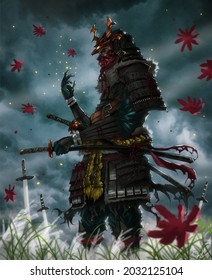 Japanese samurai warrior standing on a field illustration artwork