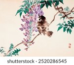 Japanese sparrow and flower (1859-1895) vintage woodblock print by Kono Bairei. Beautiful vintage Japanese floral art drawing illustration, old floral painting flowers art print.