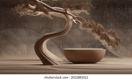 japanese style abstract background in rain season.stone podium and bonsai tree with brown background for product presentation. 3d rendering illustration.