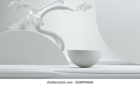 Japanese Style Abstract Background.podium And Bonsai Tree With White Background For Product Presentation. 3d Rendering Illustration.