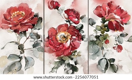 Japanese style, botanic wallpaper, seamless border with red flowers red roses, peonies, watercolor drawing, painting, artwork detailed triptych 