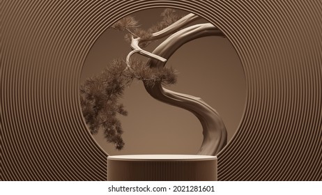 japanese style design concept podium and bonsai with brown background for product presentation. 3d rendering illustration.