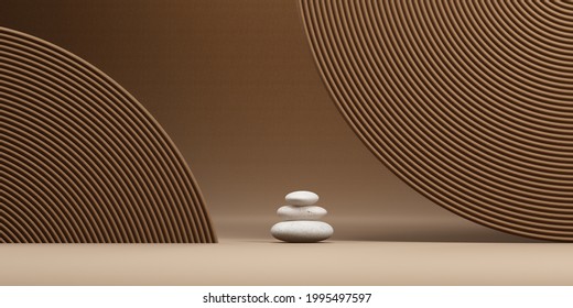 japanese style minimal abstract background .zen garden with brown background for product presentation. 3d rendering illustration.