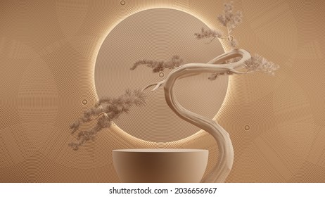 Japanese Style Minimal Abstract Background.podium And Bonsai Tree With Brown Background For Product Presentation. 3d Rendering Illustration.