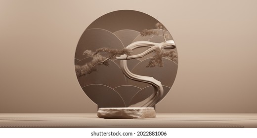 Japanese Style Minimal Abstract Background.stone Podium And Bonsai Tree With Brown Background For Product Presentation. 3d Rendering Illustration.