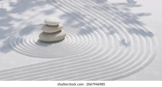 japanese style minimal abstract cosmetic background. zen garden and stone balance with white sand background for product presentation. 3d rendering illustration.