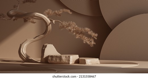 japanese style minimal abstract cosmetic background. nature light podium and bonsai tree with brown background for product presentation. 3d rendering illustration.
