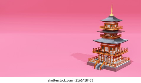 Japanese Temple On Red Color Background , Japan Theme And Copy Space For Media , Advertisement And Other , 3D Rendering