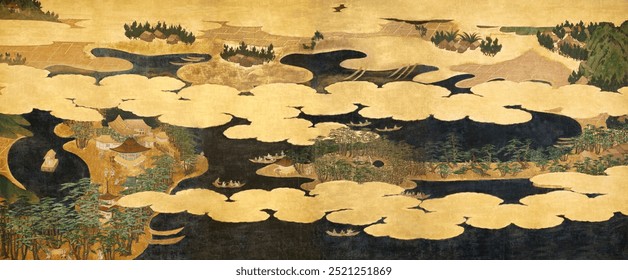 Japanese view of Ama no Hashidate (17th century). Gold clounds Japanese art. Vintage Japanese landscape art drawing illustration, old landscape scenery painting gold clouds art print.