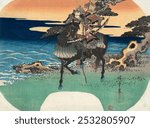 Japanese warrior riding a black horse (1835) vintage woodblock print by Utagawa Hiroshige. Vintage horse art drawing, old illustration, horse and animal art print painting.