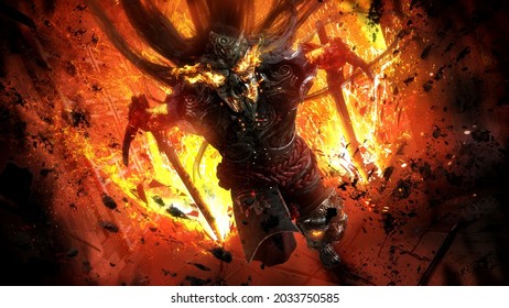 Japanese Warrior Tengu In An Ominous Fiery Mask, Furiously And Swiftly Runs To Attack With Two Huge Swords, He Tears The Ground Behind Him Creating Explosive Streaks Of Lava And Stones 3d