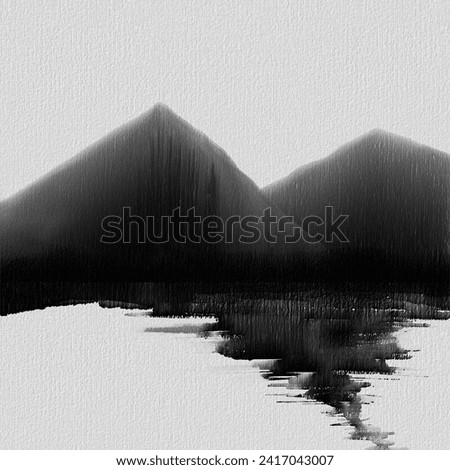 Japanese watercolor art painting with hills and lake view. Mountains above a lake hand drawn with ink in minimalist style on white background. Traditional oriental ink watercolor painting