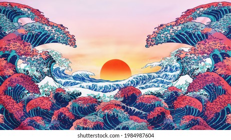 Japanese Waves Red Sunset 