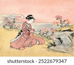 Japanese woman picking chrysanthemum (1725-1770) vintage woodblock print by Suzuki Harunobu. Vintage traditional Japanese woman art drawing illustration, woman old painting Japanese art print.